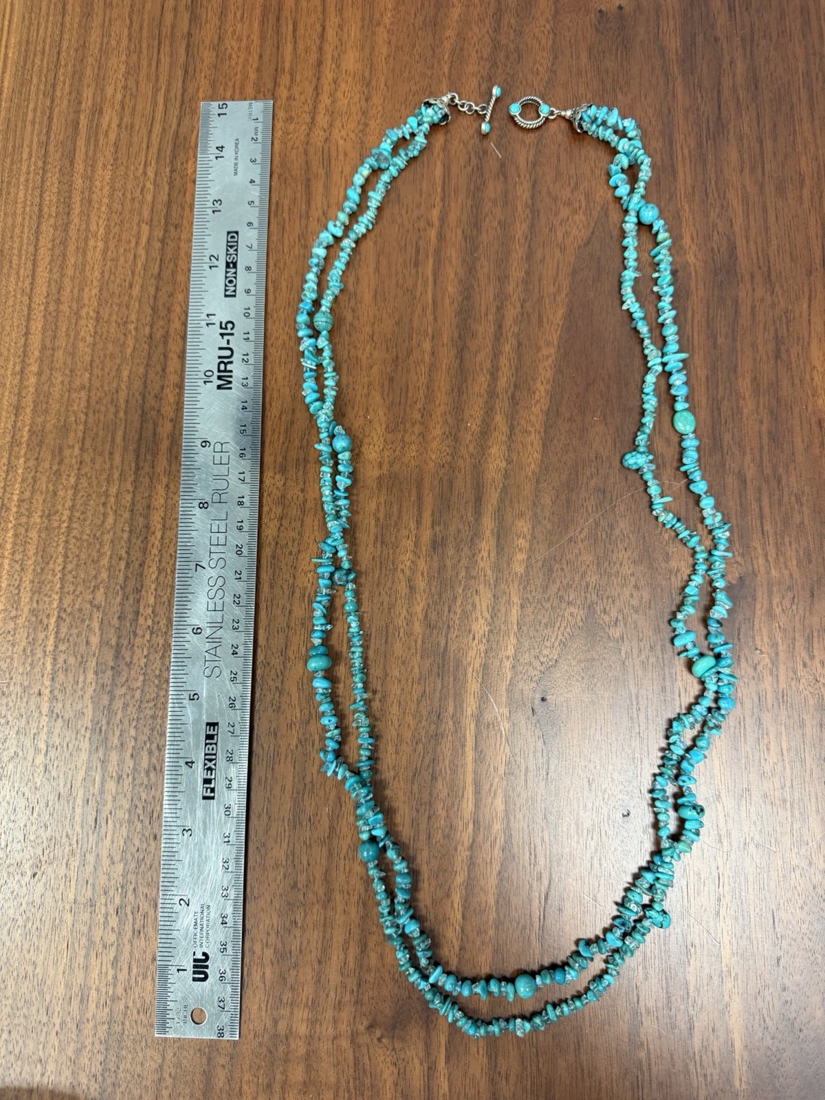 Double Strand Turquoise Chip Bead Necklace Southwest Boho Toggle Clasp 30”