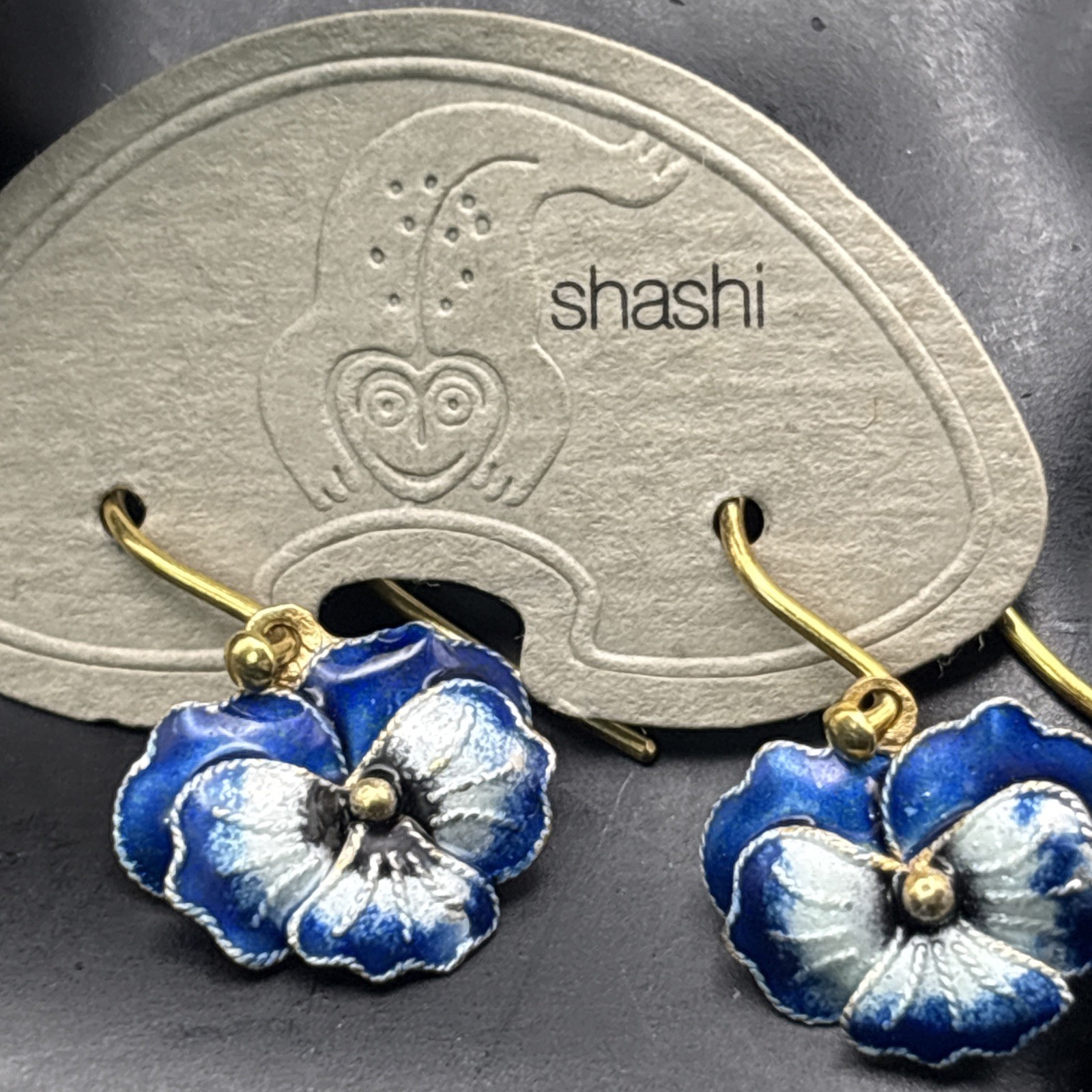 Shashi Earrings Sterling Silver Blue Enamel Gold Wash Pansy Dangle Dainty .75”￼