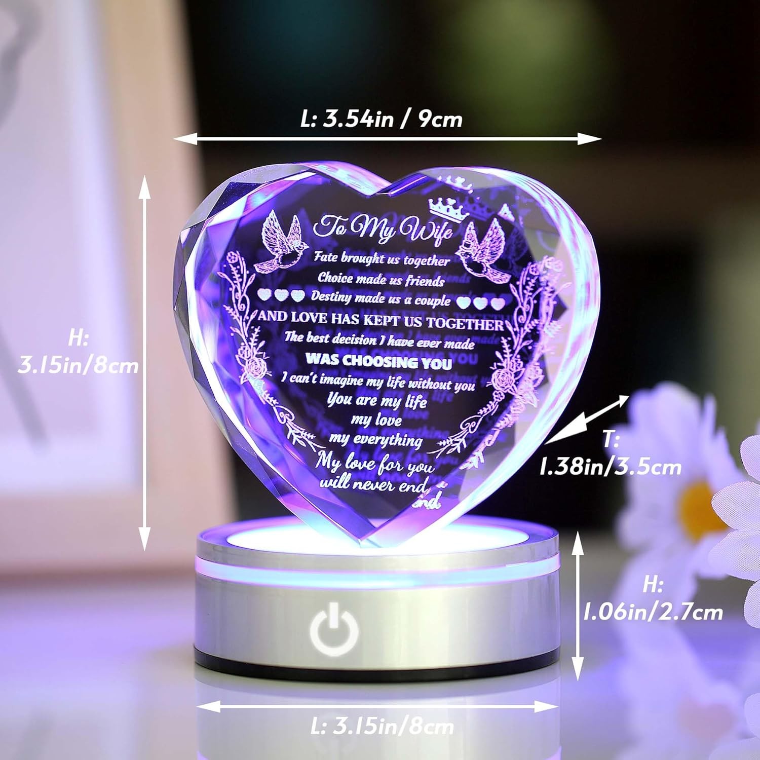 Gifts for Wife Crystal with Colorful LED Base, Anniversary Birthday Gifts for Wo