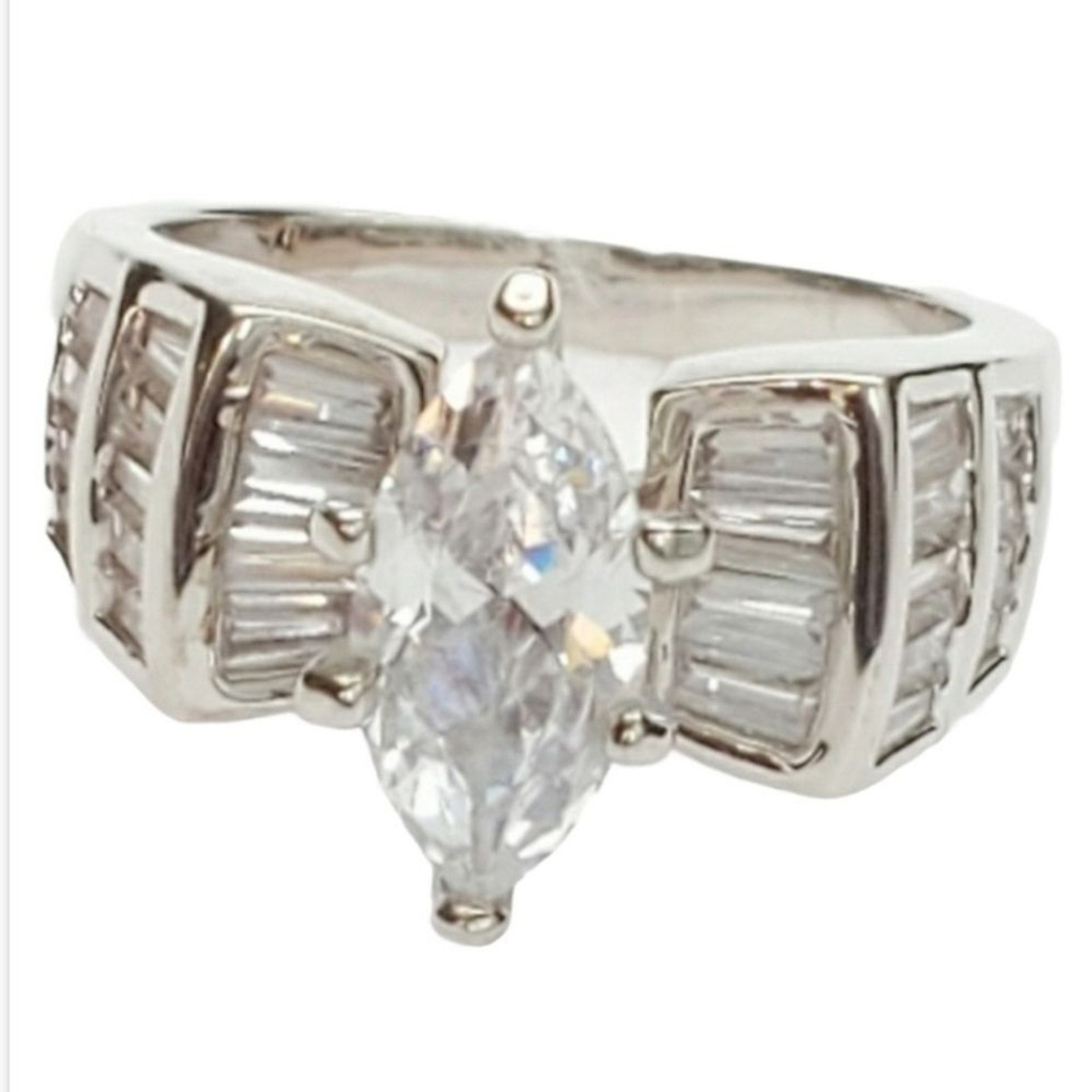 Silver Rhodium Plated Marquise Solitaire Ring Size10