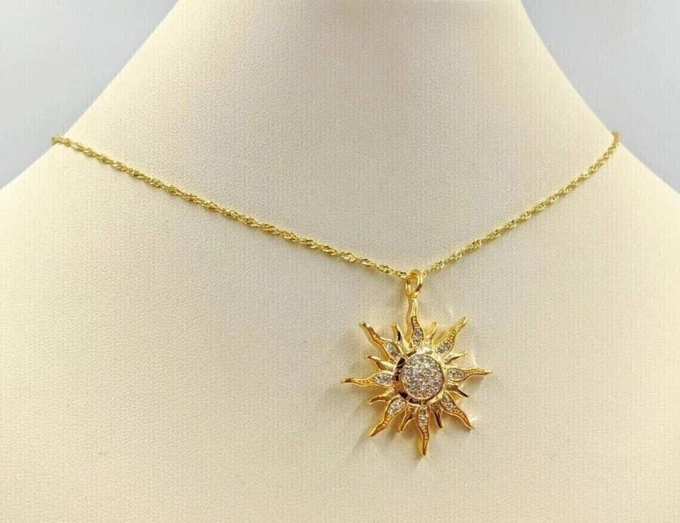 1.00Ct Round Cut Simulated Diamond Sun Pendant Necklace 14k Yellow Gold Plated