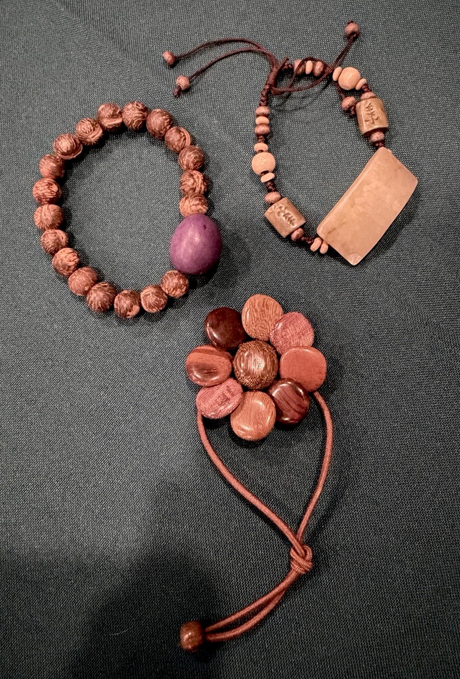 Handmade Wood Bracelet Lot 3 Pc Adjustable Stretch Purple Bead Boho Natural