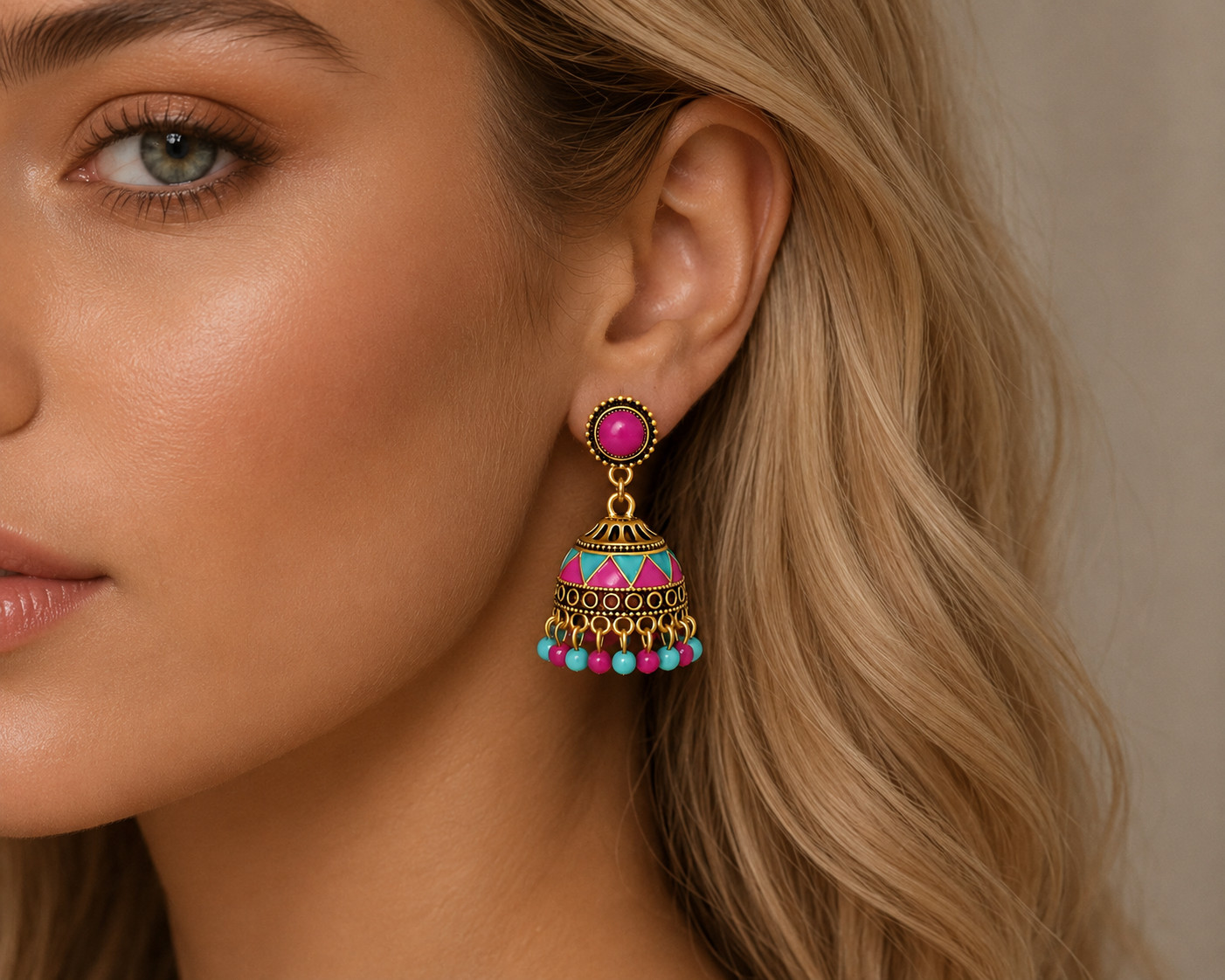 Traditional Indian Jhumka Earrings Two-Tone Pink and Blue Geometric Bell Drops