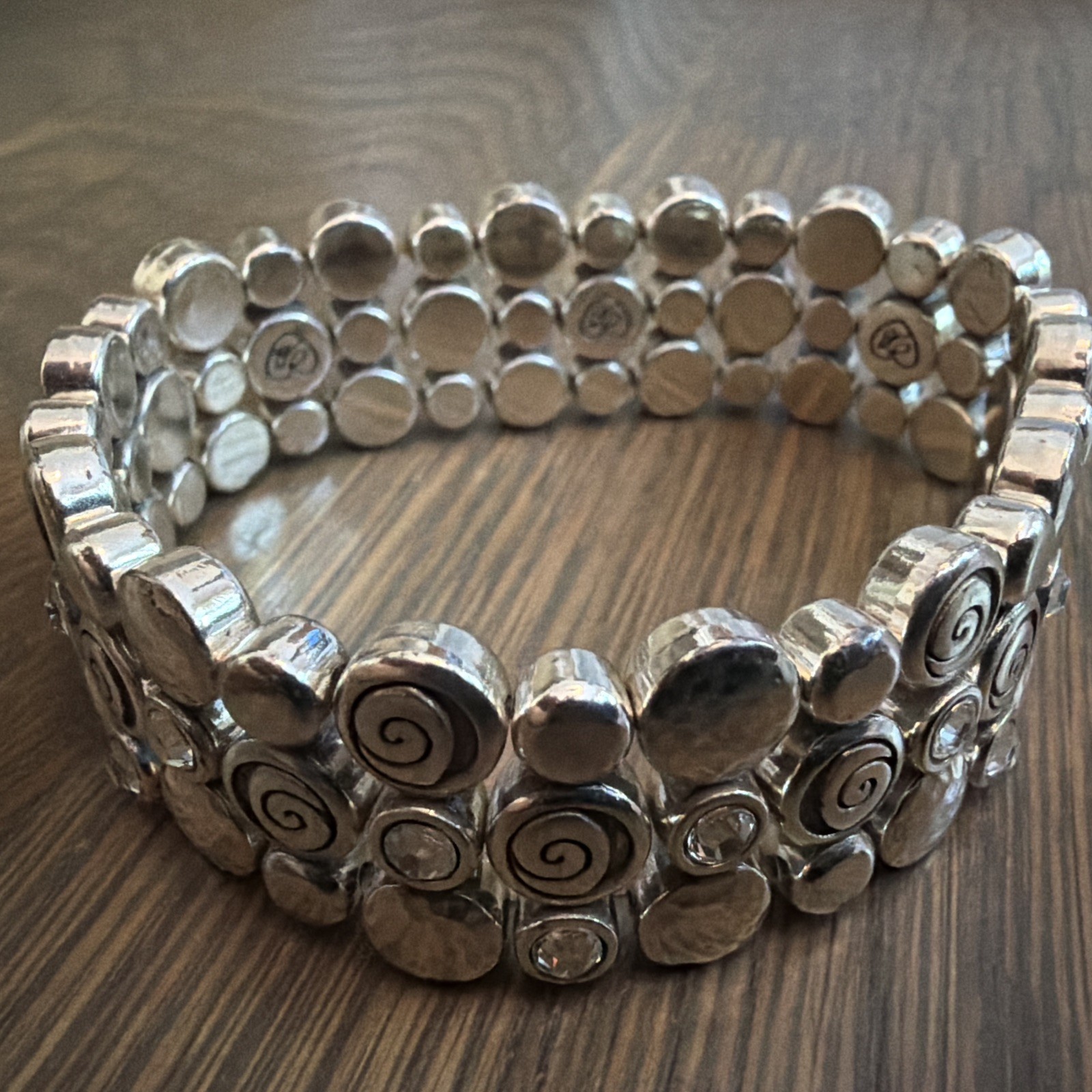 Brighton Joliet Stretch Silver Plate Bracelet 3 Rows Round Beads White Crystals