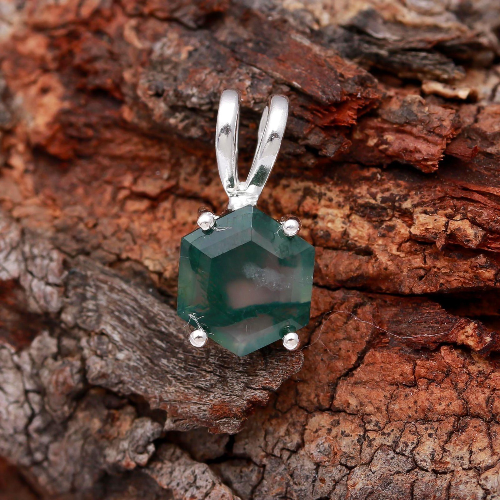 Natural Moss Agate Hexagon Pendant 925 Sterling Silver Jewelry Gift For Wedding