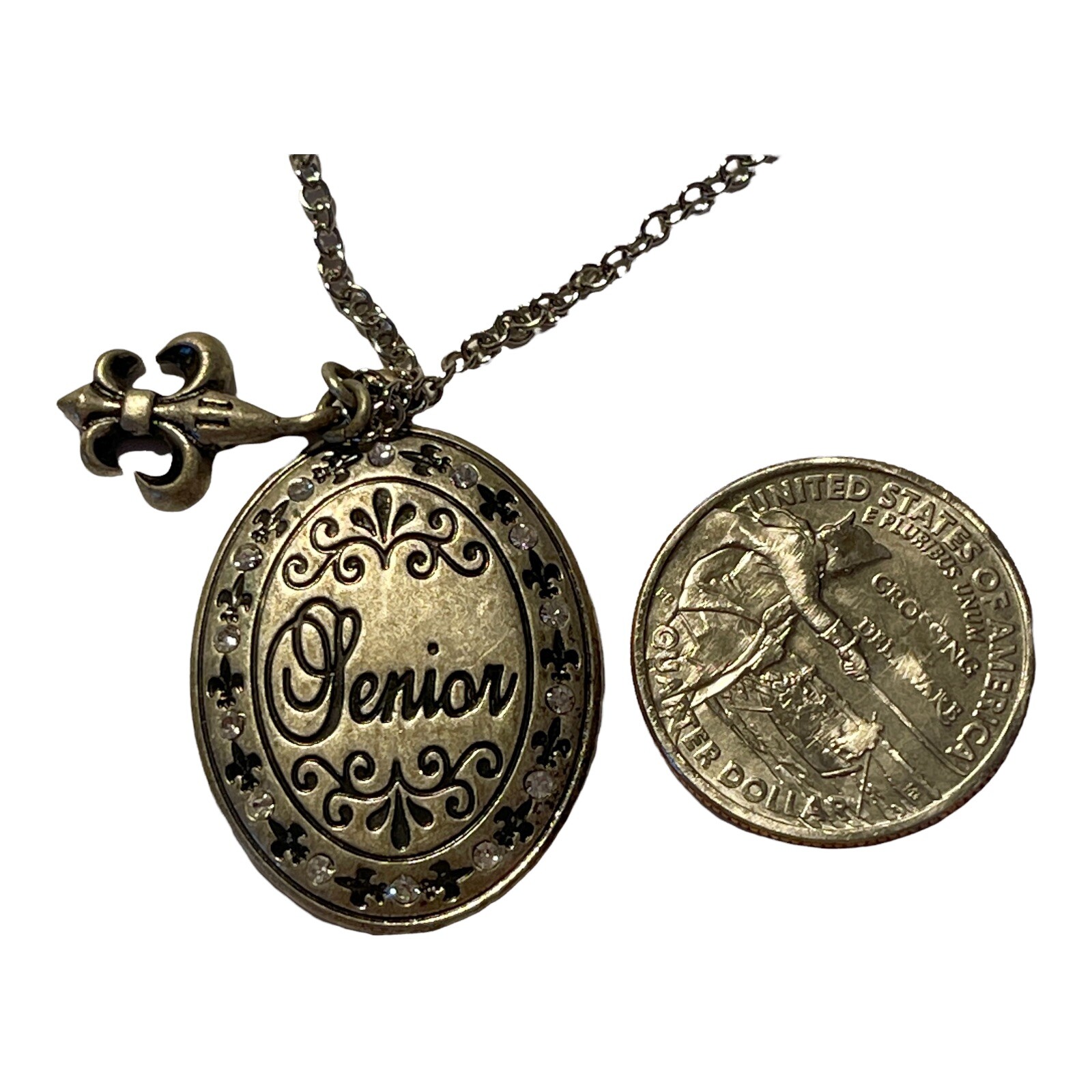 JOSTENS SENIOR Rhinestone Crystal Accents Antiqued Silver Tone Pendant Necklace!