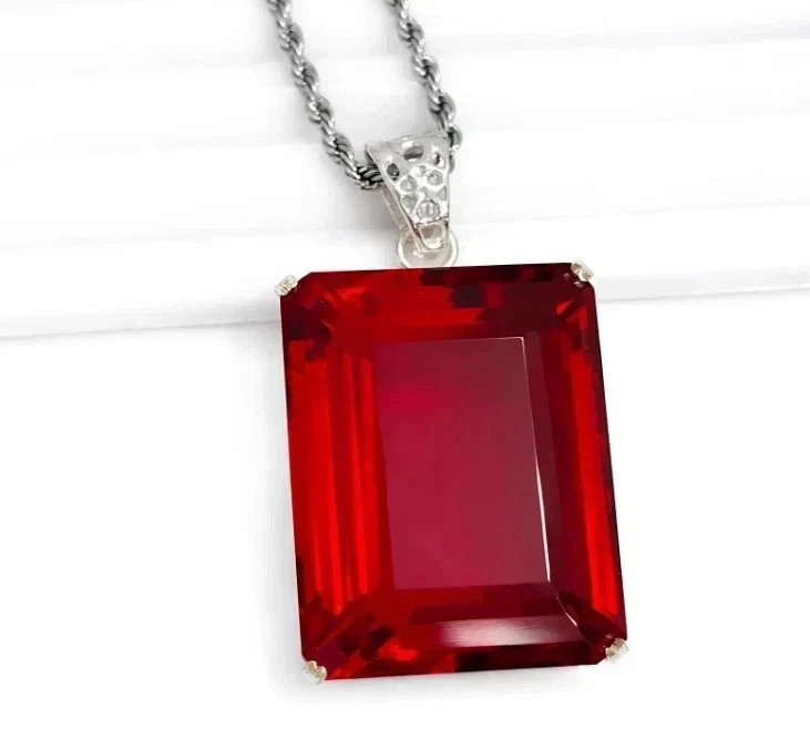 Natural 60.20 Ct Emerald Cut Red Topaz Pendant sterling Silver Jewelry