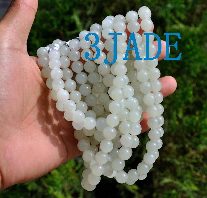 18″ Natural White Hetian Nephrite Jade Beads Necklace w/Certificate