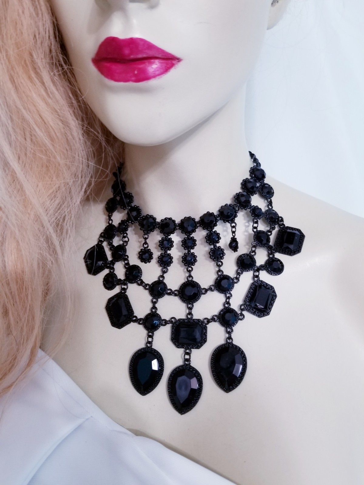 Black Statement Choker Rhinestone Resin Necklace Bridal Prom Pageant Gothic