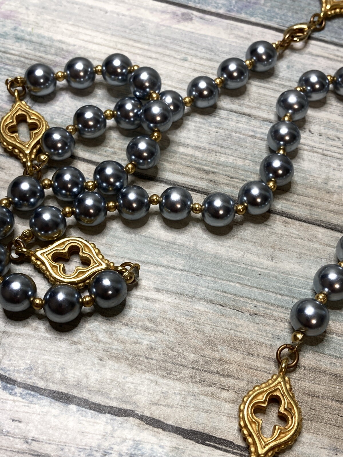 Gray Bead Gold Tone Charm 54″ Necklace Fashion Costume NWOT