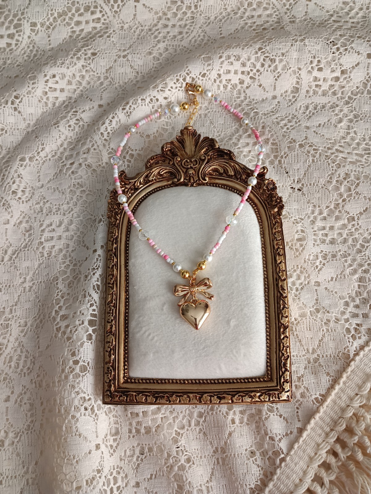 Handmade Pink White Beaded Ball/Bead Necklace Gold Tone Heart Charm Pendant