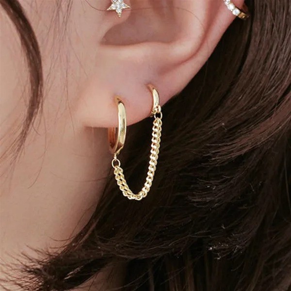 1PCS Punk Cool Two Hole Piercing Earrings Gold Silver Color Long Tassel Chain Dr
