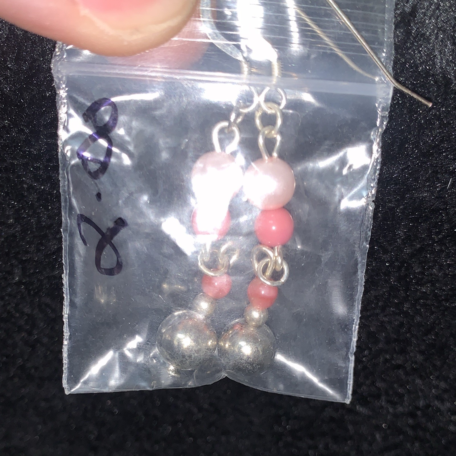 Pink & Silver Beaded Dangle/Drop Hook Earrings, Metal & Plastic Round Beads