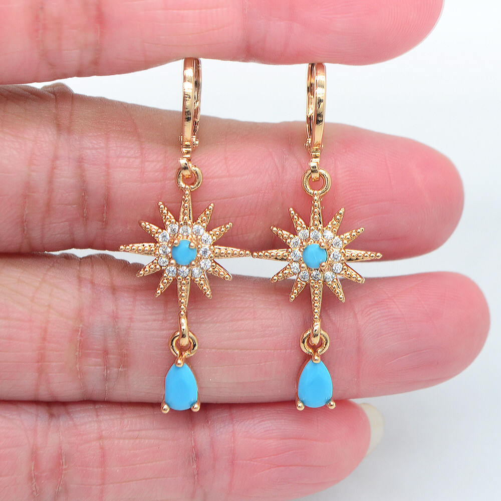 18K Yellow Gold Filled Women Fashion Lake Blue Topaz Star Dangle Earrings