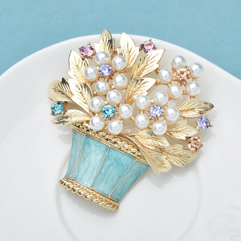 Vintage Easter Spring Flower Basket Brooch Sparkling Rhinestone Pin Jewelry Gift