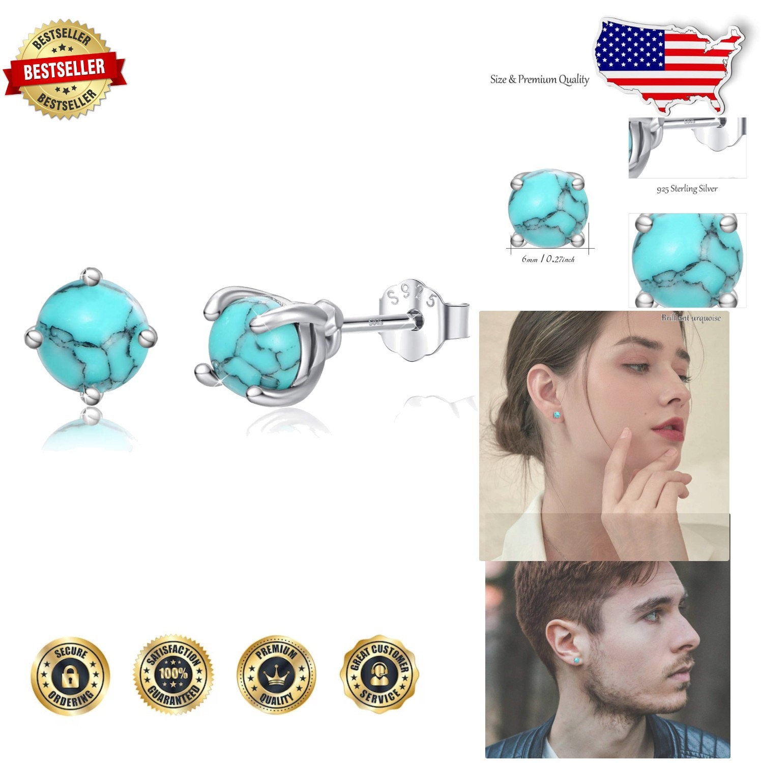 6mm Turquoise Studs 925 Sterling Silver Elegant Women’s Gift Box