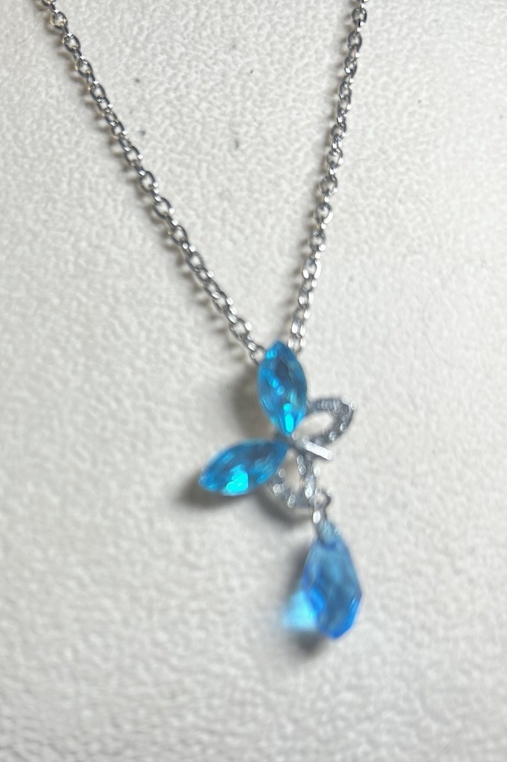 Aqua Butterfly With Dangle Gem Dainty Pendant, Silvertone Chain 20”