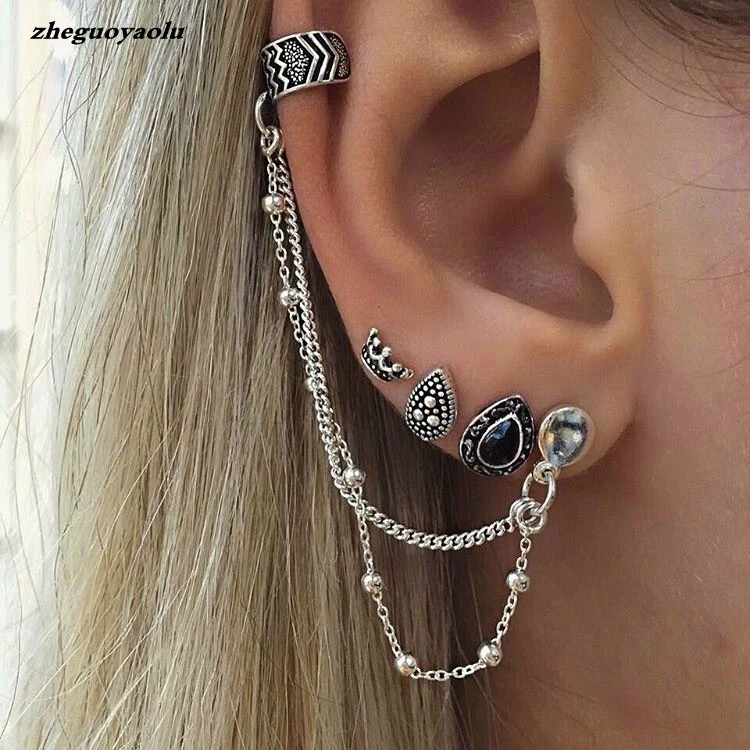 4pcs Stud Bohemian Retro Style Crown Water Droplets Chain Fashion Earrings Cuff