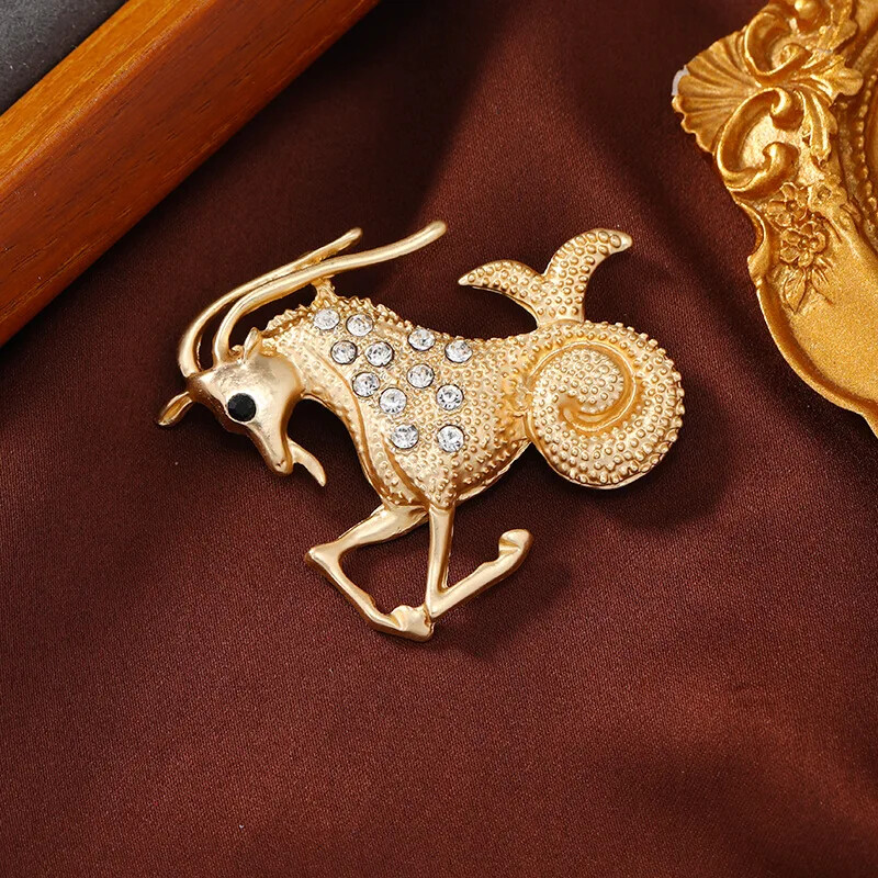 Women Matte Gold Color Zodiac Brooch Fashion Simple Rhinestone Animal Badges Pin