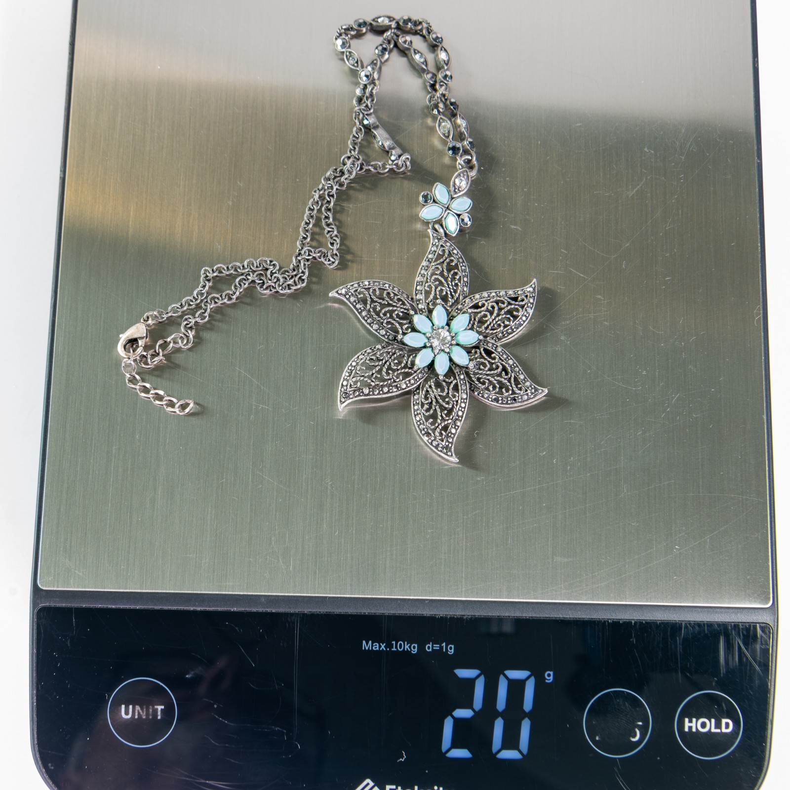 Vintage Style Gunmetal Filigree Flower Pendant Necklace Faux Turquoise Blue 20g