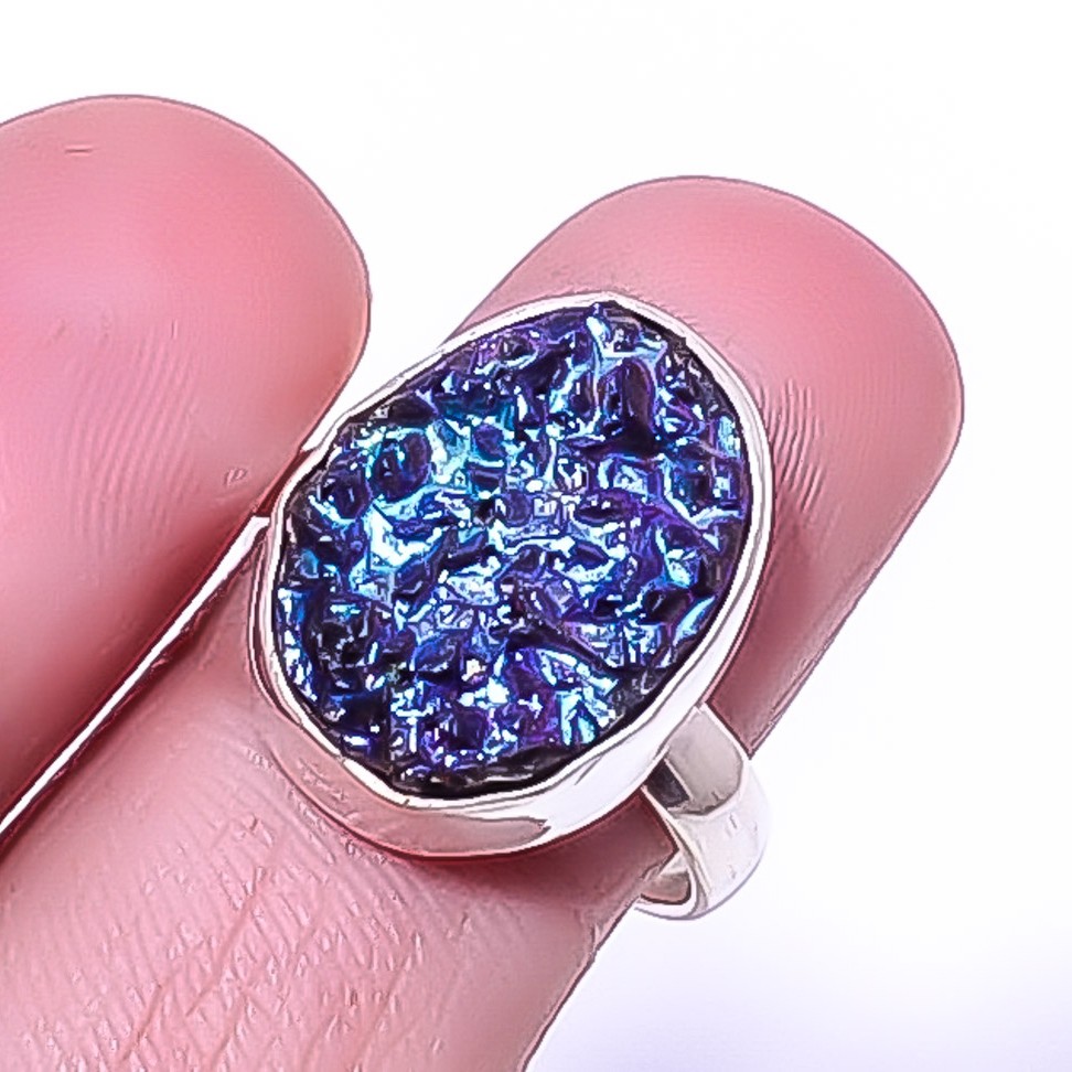 Titanium Agate Drusy Silver Plated Jewelry Ring s.7 T929