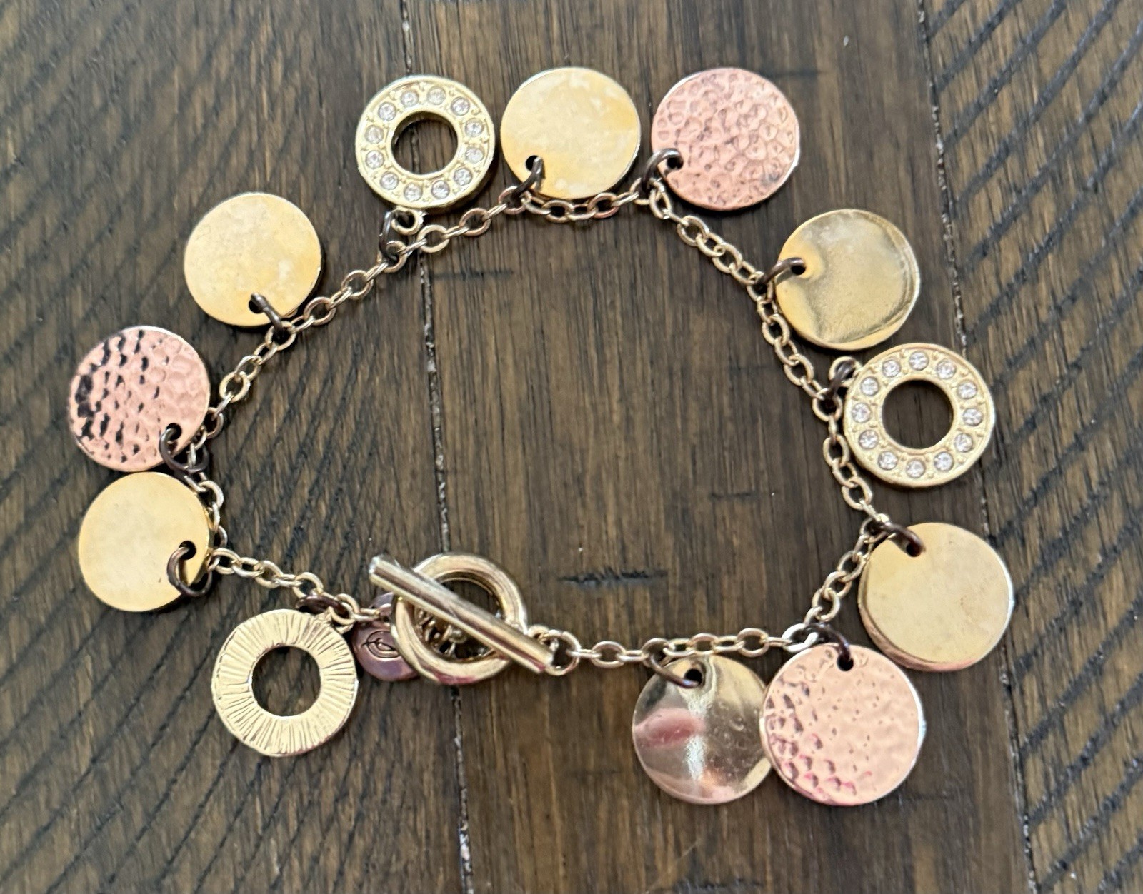 Gold & Rose Gold Tone Charm Cable Chain Bracelet Toggle, Pavé Rhinestones 8in