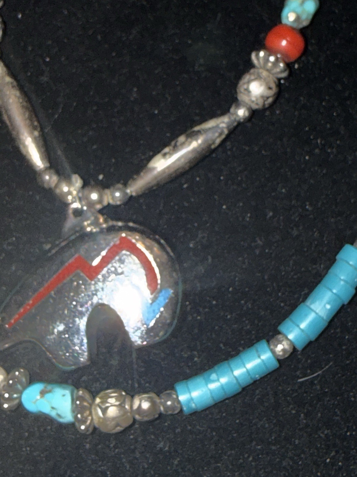 Turquoise & Coral Beaded Necklace Bear Charm Pendant, Multicolor Barrel Closure