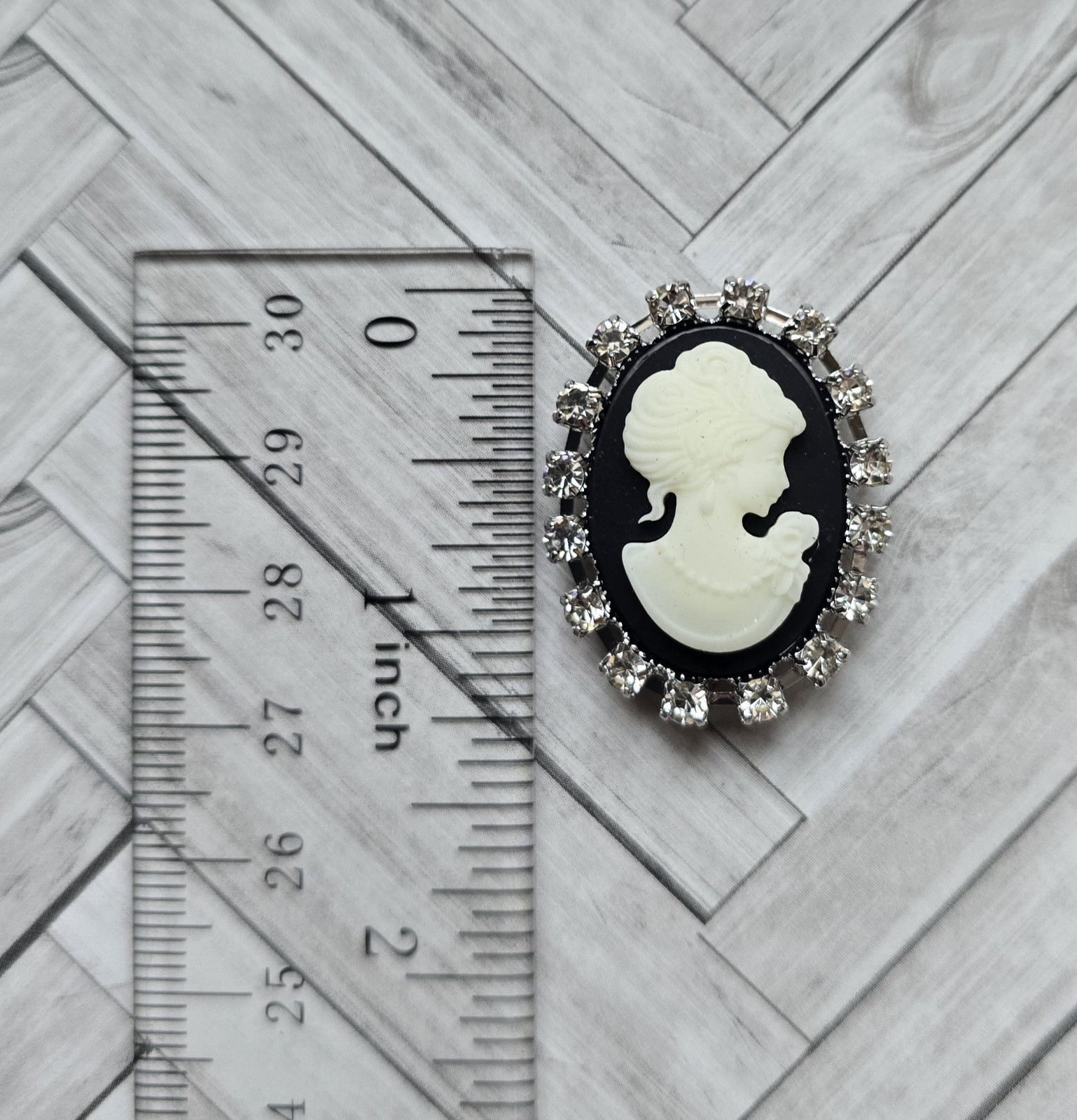 MAGNETIC Cameo Brooch, Black, Cream silver rhinestone framing. Victorian jewelry