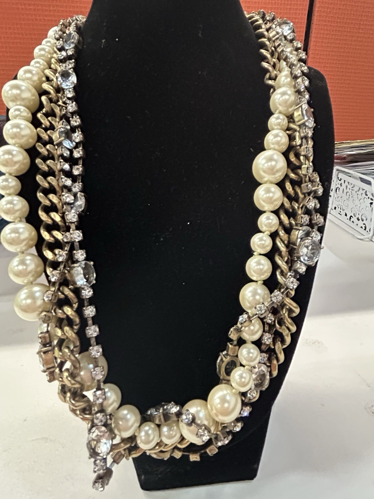 J.CREW Signed multi strand faux pearl crystal statement gold tone necklace