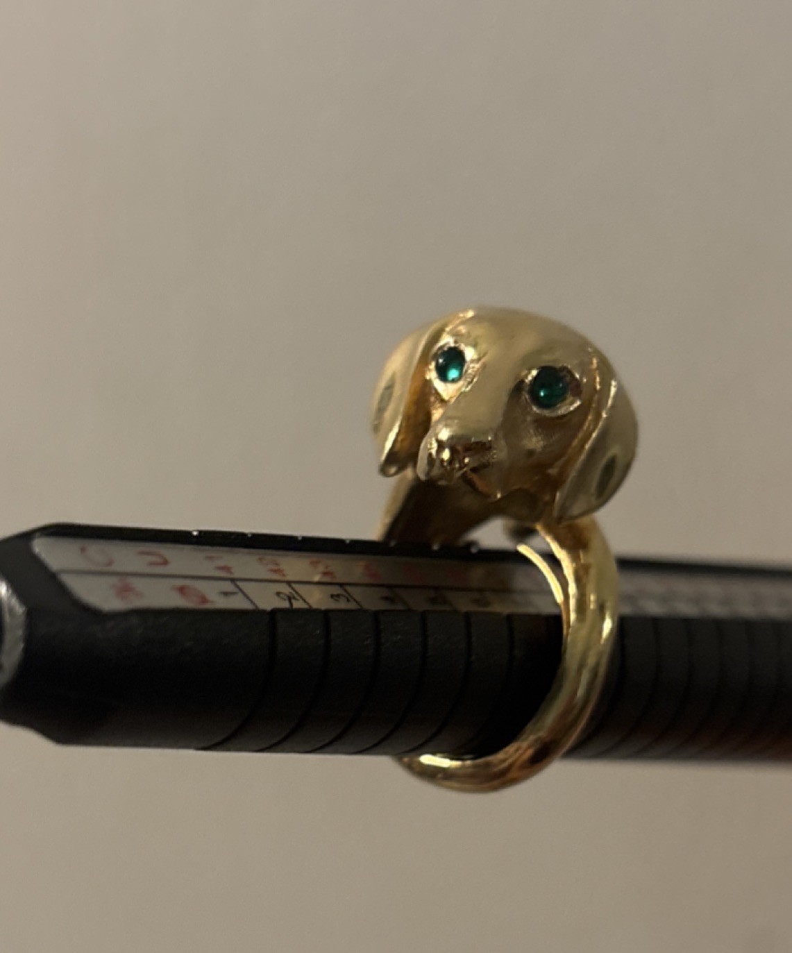 Extra Rare Crown TRIFARI Gold Tone Green Eyed Dachshund Dog Head Ring