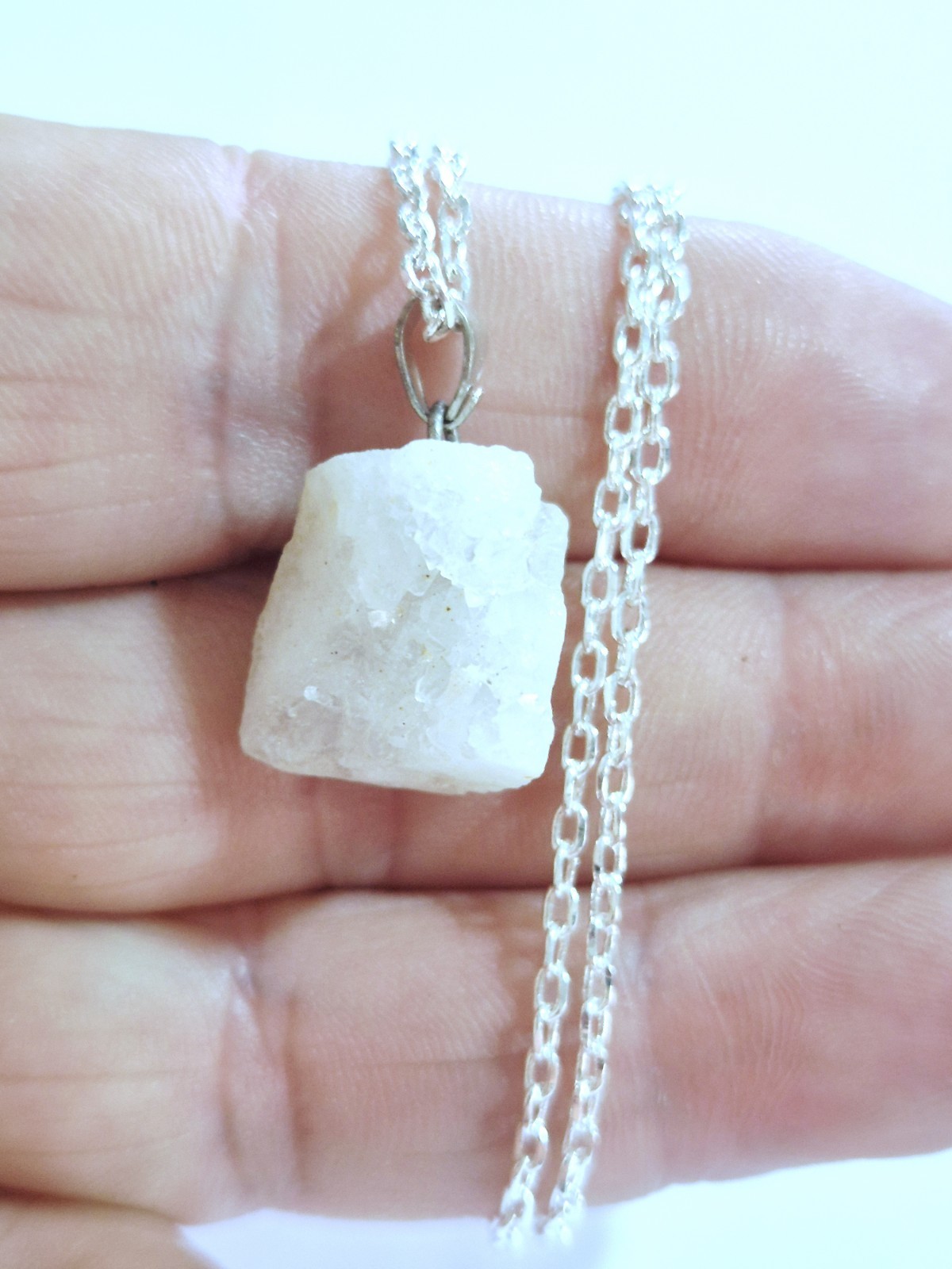 chalcedony Rough Natural white 925 Silver Pendant Necklace with Chain (#wb)