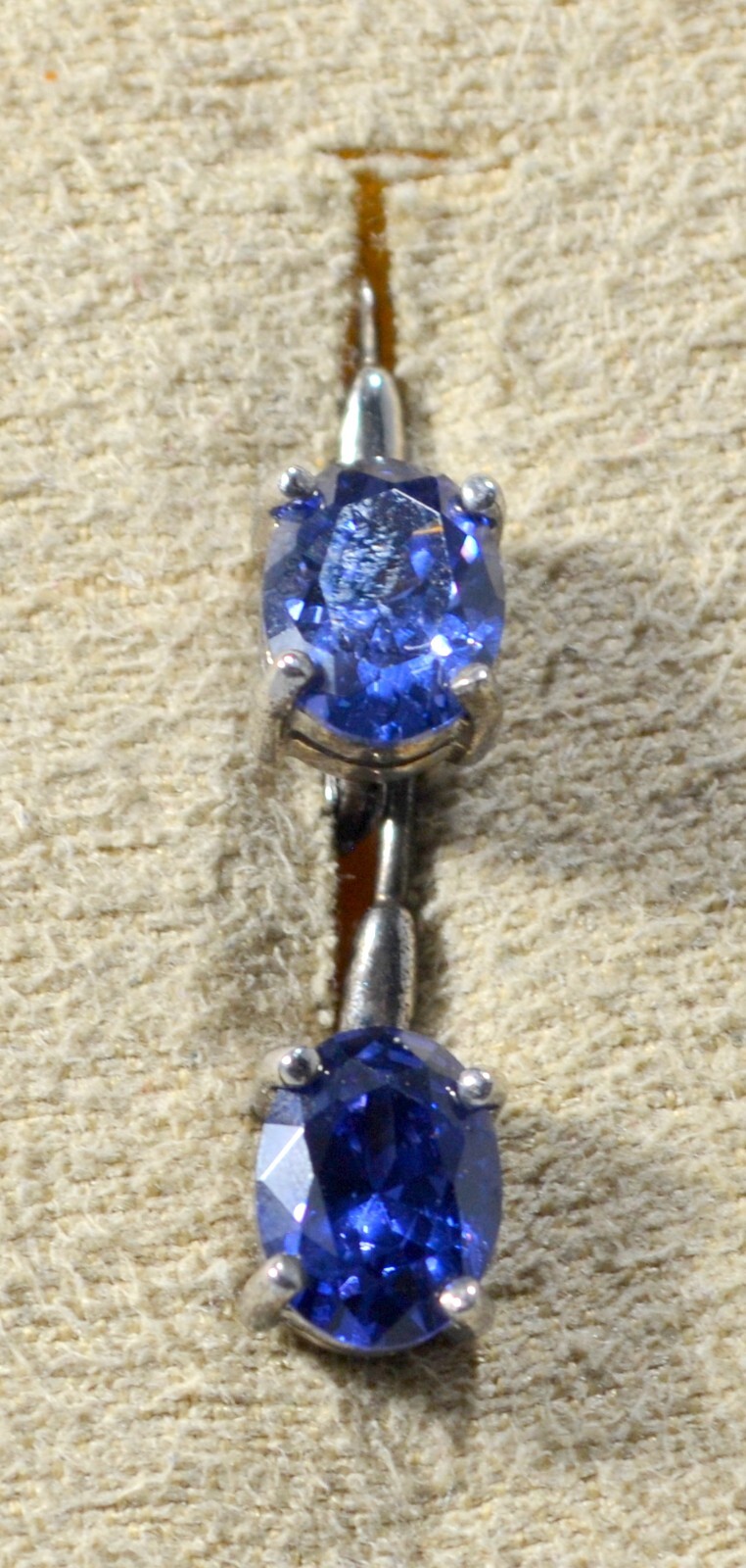 SIMULATED TANZANITE OVAL STONES-SOLITAIRE-LEVER BACK DROP EARRINGS-RHOD/STER SIL