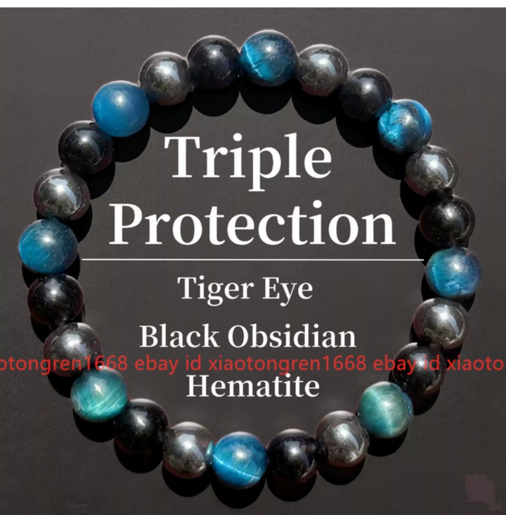 Fashion 8mm Blue Tiger Eye Obsidian Hematite Round Gemstone Beads Bracelet 7.5in