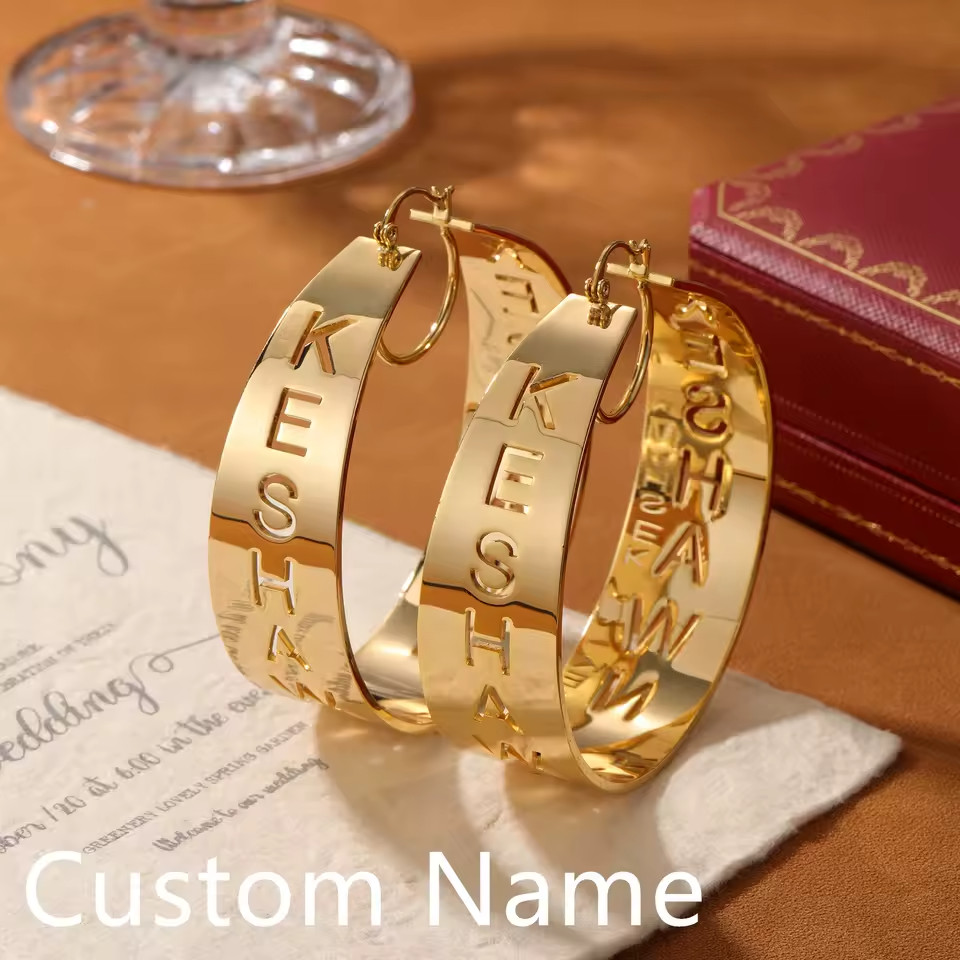 Custom Hollow Letters Name Earrings Pair Jewelry Hoop Round Stainless Steel Gold