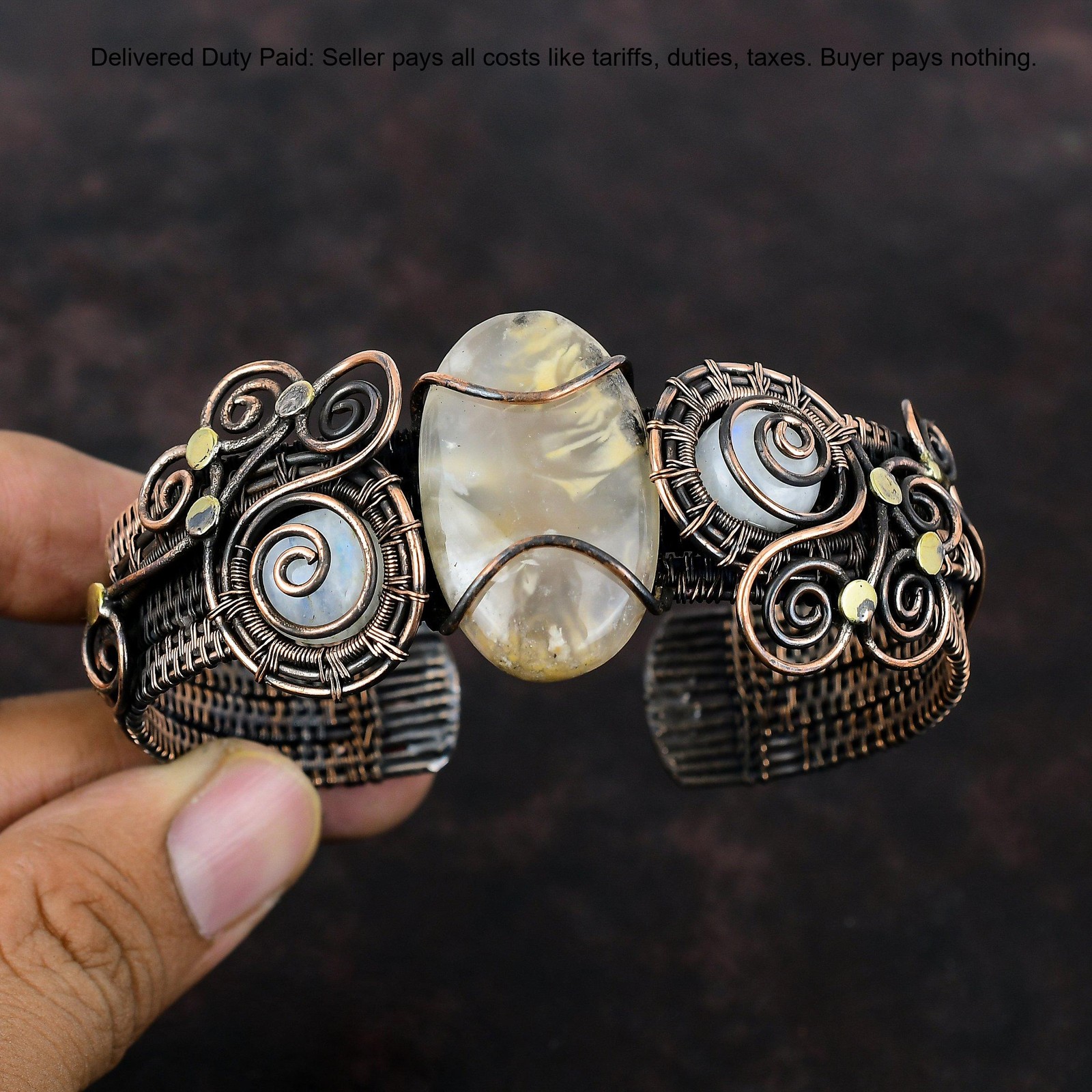 Copper Oval Natural Plume Agate Rainbow Moonstone Wire Wrapped Wife New Bangle