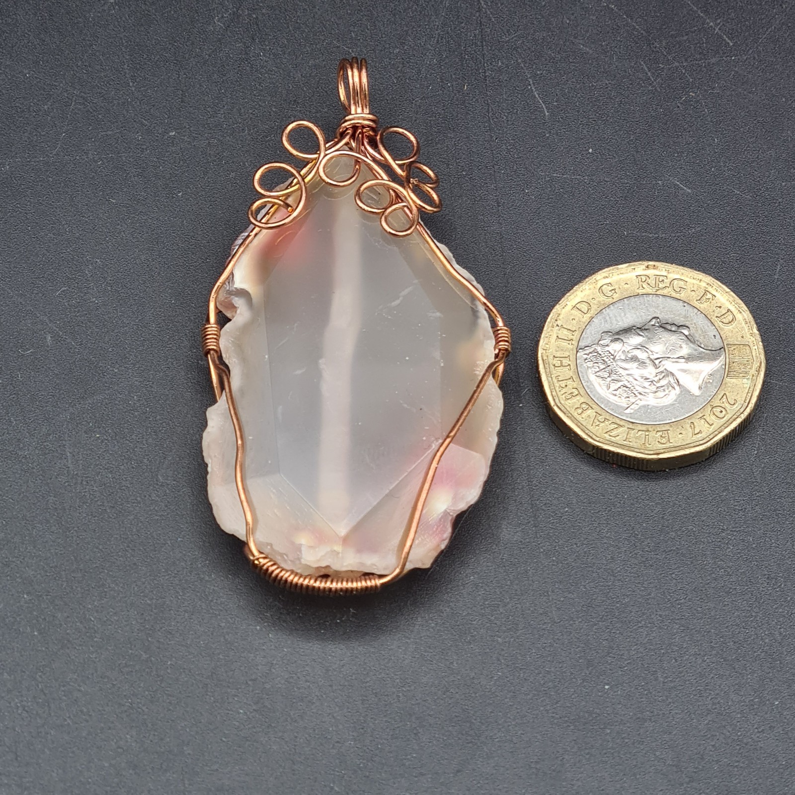 Artisan Pendant copper wire wrapped Agate or Chalcedony Freeform loops Boho H6cm