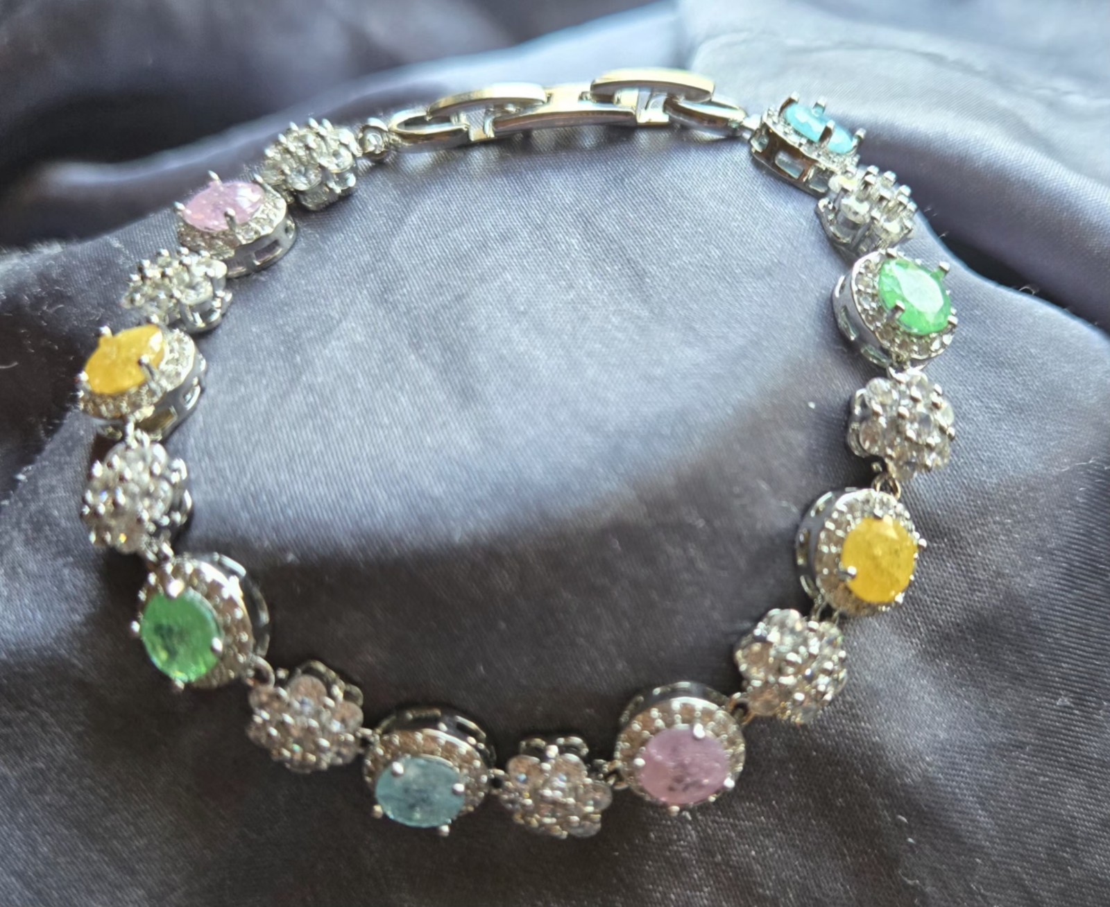 New 18k White Gold Plated Multi-Color Pastel Gemstone Link Bracelet