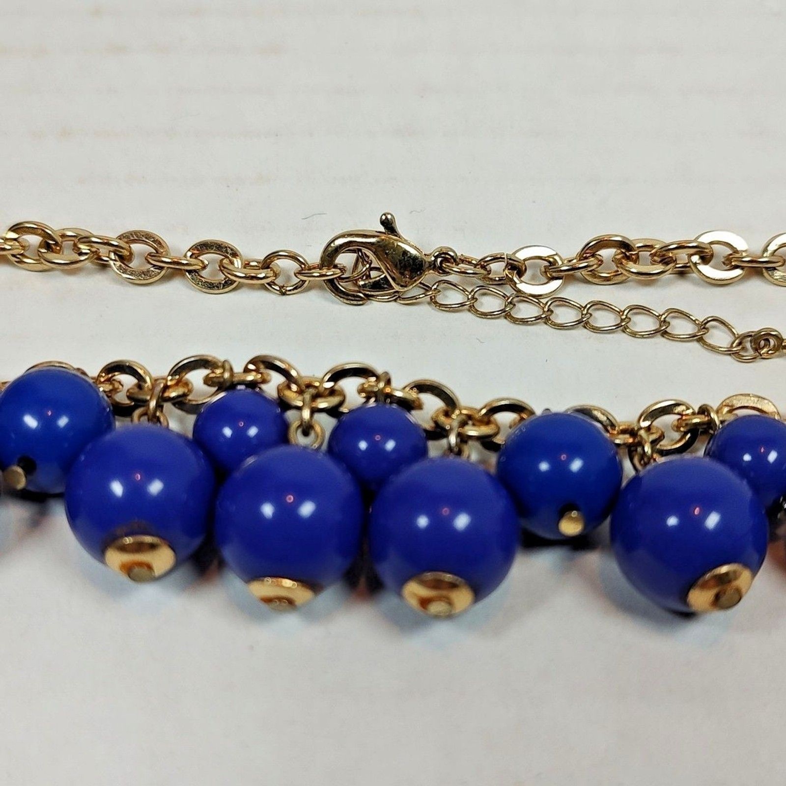 Gold Tone Metal Purplish Blue Beaded Cluster Fashion 18″ x 20.5″ Necklace Bold