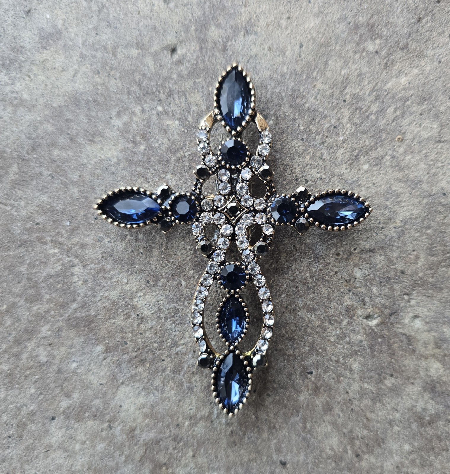 Blue Gold MAGNETIC Crystal Cross Brooch. Christmas brooch Easter brooch Pin Free