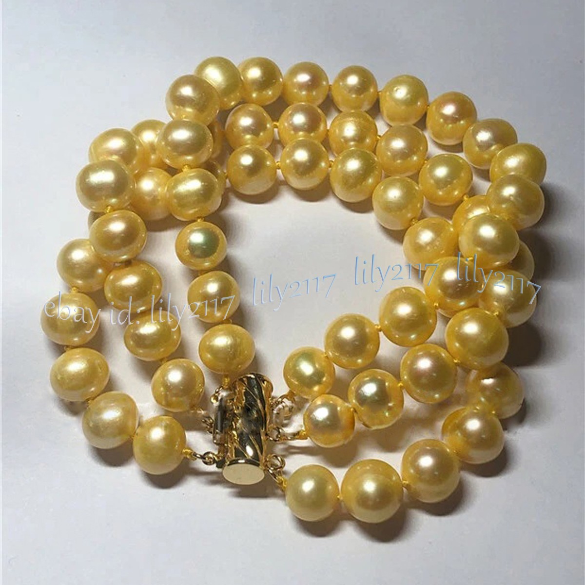 3 Rows 9-10mm Natural Yellow Gold Baroque South Sea Pearl Beads Bracelet 8 inch