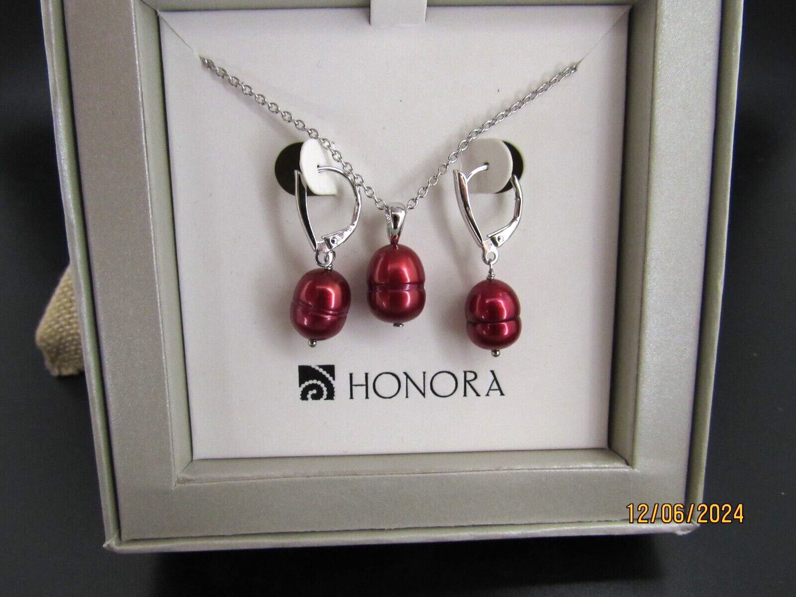 HONORA RHODIUM PLATED Freshwater pearls CHERRY Red AND NECKLACE SET NIB