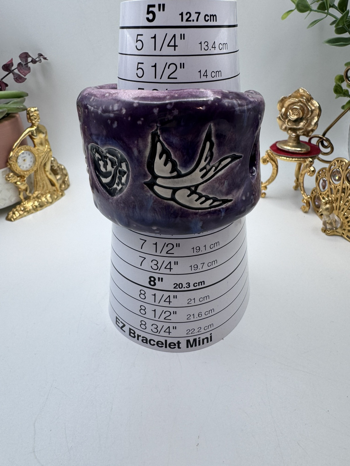 Rare signed SR ceramic bracelet, purple enamel, with heart and dove design