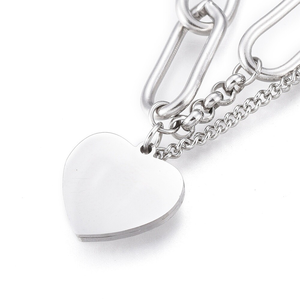 Stainless Steel Charm Bracelet Clay Rhinestone Lobster Heart Silver 6.8″ Z174