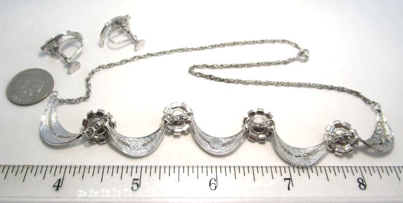 Sterling Silver Necklace and Earrings w White and Gray Rhinestones 12.0 grams