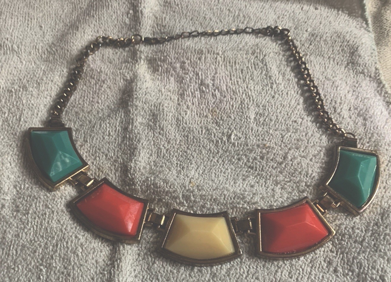 Multicolor Geometric Panel Statement Necklace Gold-Tone Cable Chain Adjustable
