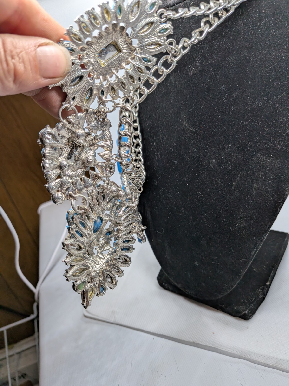 Silver Tone Statement Bib Necklace Cable Chain Blue & Clear Rhinestone