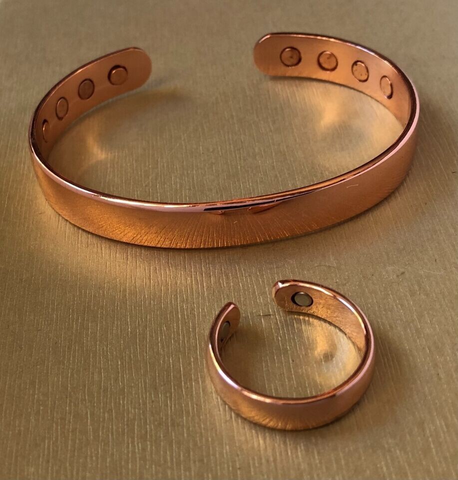 Pure Copper Magnetic Bracelet & Ring Set Dome Energy Arthritis Men Women Cuff
