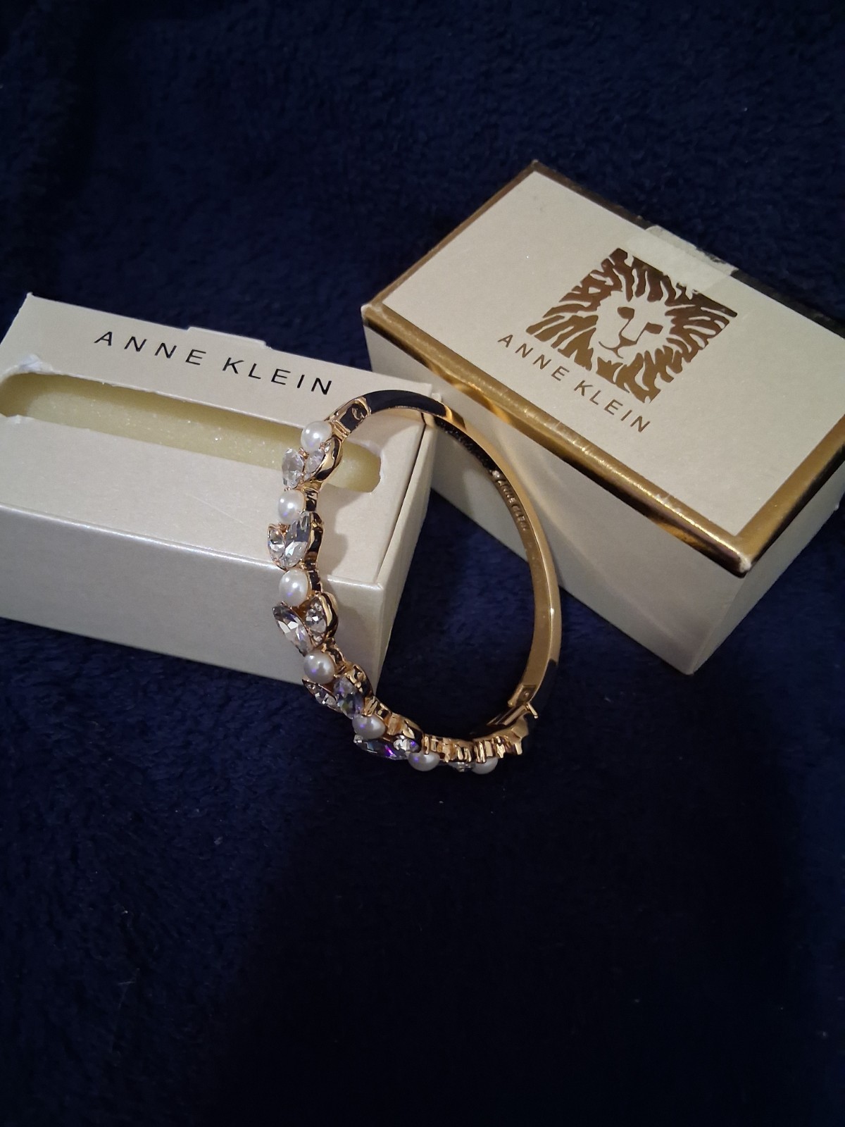 Anne Klein Gold Tone Crystal Pearl Hinged Bangle Bracelet w Box JA218