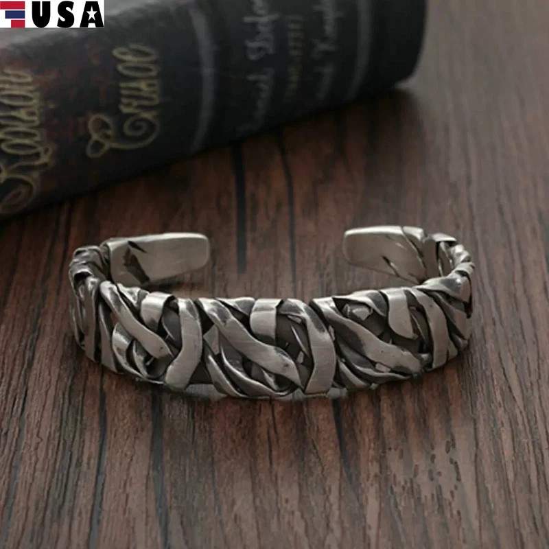 Retro C-Shaped Braided Alloy Men Bracelet Silver Cuff Fashion Jewelry Gift