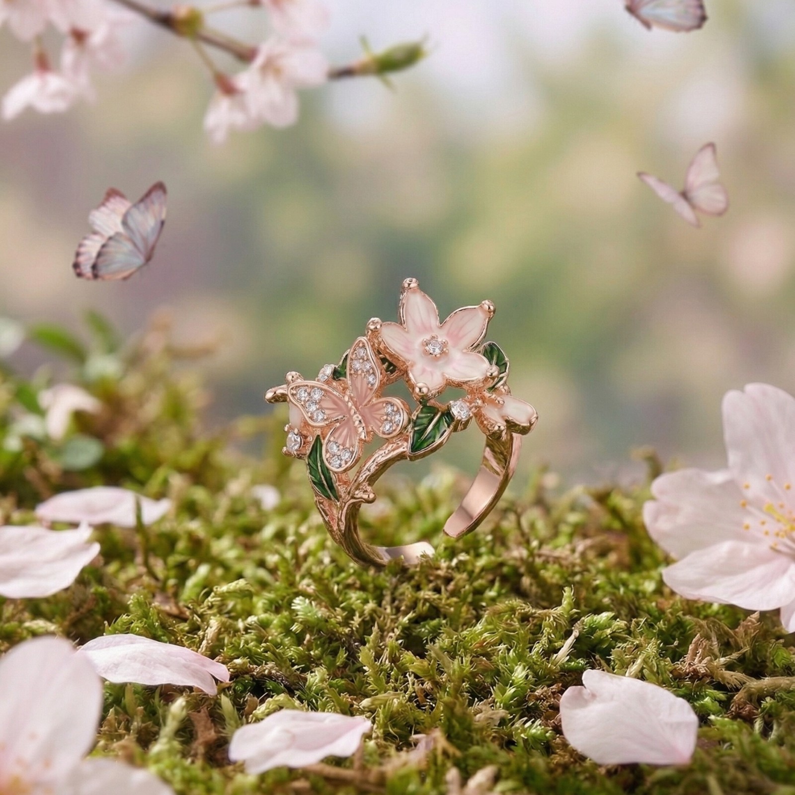 [US STOCK] Butterfly Flower Enamel Ring 18K Gold Silver Rose Gold Plated Open